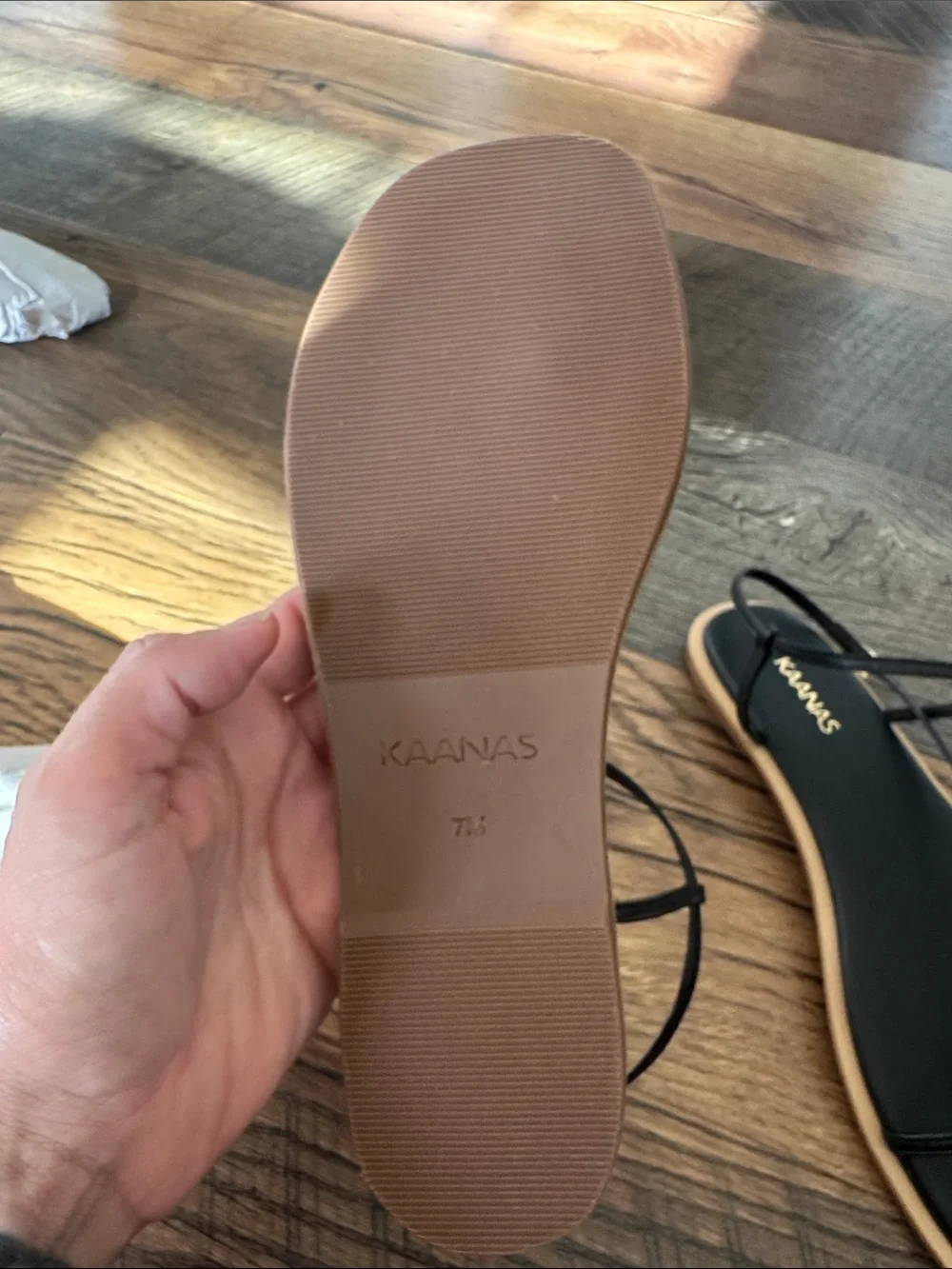 Kaanas Black Strappy Square-Toe Flat Sandals with Tan Trim